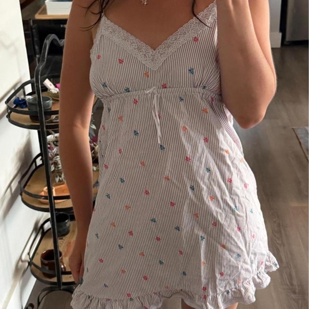 Old Navy Intimates White Blue Striped Floral Babydoll Dress Lace Trim Small